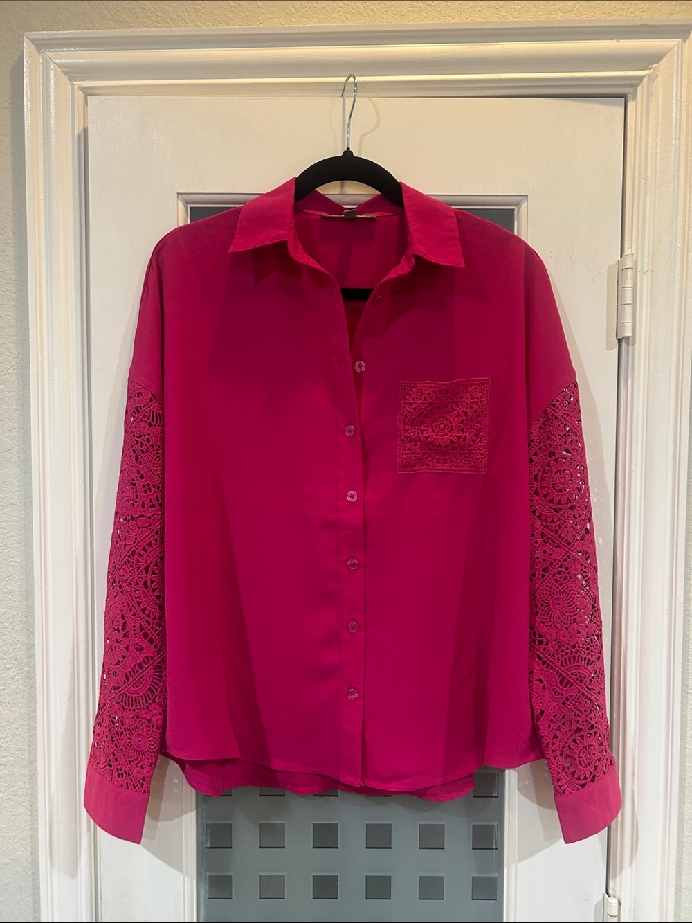 Kate & Mallory Fuchsia Button-Down Blouse with Lace Sleeves
